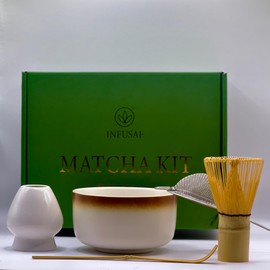 Matcha Kit – 5 Pcs Matcha Whisk Set with Bamboo Whisk & Scoop, Ceramic Bowl & Whisk Holder, and Stainless Steel Strainer – Complete Matcha Kit for Ceremony, Latte & Gift for Green Tea Lovers