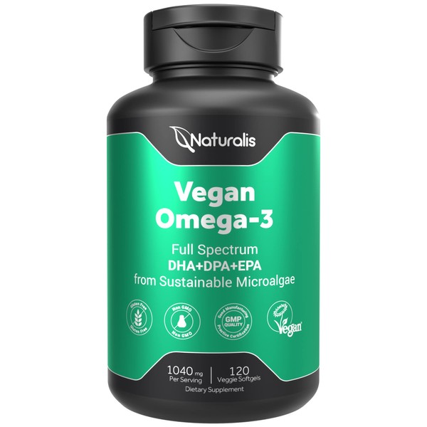 Naturalis Vegan Omega 3 DHA, EPA & DPA from Algae | Vegan Society Certified, Sustainably Sourced, True Full Spectrum | 120 Veggie Softgels (Carrageenan Free)