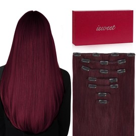 ISWEET Extensiones De Cabello Humano Liso Con Clip, 7 Unidades, 16 Pulgadas, 100 G, N.° 99J, Ombré Rojo, Invisibles, Naturales, Suaves, Remy, Con Dobl