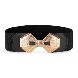 BlackButterfly Wide Cinch Stretchy Elastic Material Waistband Retro Golden Bow Buckle Waist Belt, black