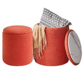 IBUYKE Teddy Velvet Vanity Stool for Makeup, Set of 2 Round Ottoman with Storage, Modern Padded Seat Coffee Table, Multipurpose Footrest Stool for Living Room & Bedroom, Orange WBD015J