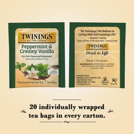 Twinings Peppermint & Creamy Vanilla Tea - A Crisp, Balanced Herbal Tea, Formerly Buttermint, Naturally Caffeine-Free Tea Bags, Individually Wrapped, 20 Count (Pack of 2)