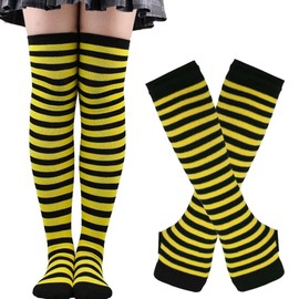 CENAST Women Long Fingerless Arm Warmers Gloves Knitted Stripe Knee High Socks Set Black Yellow