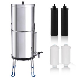 Amwater NSF/ANSI 42&372 Certification 2.25G Stainless Steel Gravity-Fed Water Filter System with 4 Black Purification Filter,Metal Spigot and 6inch Stand, Reduces Lead and up to 99% of Chlorine