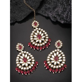Aheli impresionante indio tradicional Maang Tikka pendientes Set para mujeres Bollywood Ethnic Party Wear Fashion Jewelry para mujeres (Maroon Pearl-Kundan)