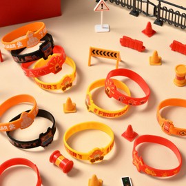 24 PCS Firefighter Party Favors Birthday Supplies for Kids Unique Self-Design Firefighter Print Silicone Bracelets Boy Girl Bulk Toy Gift Goodie Bag Stuffers Pinata Filler Classroom Rewards