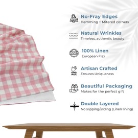 BLUE FLOWER CO 100% Pure Linen Table Runner 14"x90", Decorative Pink Buffalo Check Double Hemstitch Premium Table Runner 90 Inches Long for Dinner, Christmas Parties - Pink
