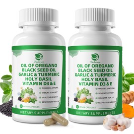 Organic Oil of Oregano Capsules with Black Seed Oil, Garlic, Turmeric, Holy Basil, Vitamin D3, E & Black Pepper for Better Absorption – Immune, Digestive & Respiratory – Vegan, Non-GMO, 4 Month Supply