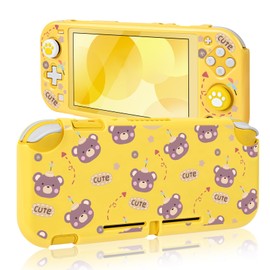DLseego Protective Case Suitable for Switch Lite Console 2019, PC Hard Shell Anti-Slip Shock-Absorption Bear Protective Games Case Accessories with 2 PCS Cute Cat Paw Thumb Grips Caps-Yellow 1