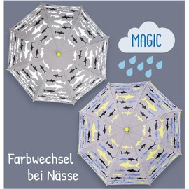 HECKBO Children's Magic Umbrella with Wooden Handle and Safety Reflectors – Colour Changing in Rain – Boys Girls Pocket Umbrella for School Bags – Storm Resistant – Gifts for School, Shark