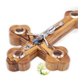 Wall Cross Flowers, Incense, Olive Leaf and Stones/Wooden Cross with Mother of Pearl Bethlehem Star from the Holy Land Made from Olive Wood - Crucfix for Communion, Baptism or Christening Gifts Medium