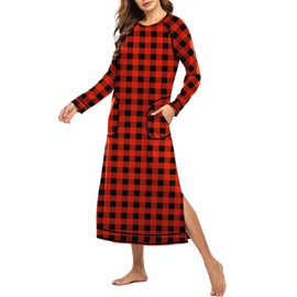 Ekouaer Women's Nightshirt Long Sleeve Nightgown Round Neck Sleepwear Full Length Pajama Dress with Pockets Christmas Plaid 2XL