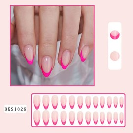 Pink French Tip Press on Nails Medium Almond Fake Nails Nude False Nail with Design Glossy Glue on Nails Reusable Artificial Acrylic Stick on Nail For Women Girls present Manicure 24pcs
