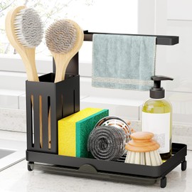Kitsure Sink Organiser - Rust-Resistant Sponge Holder Sink with Towel Rail, Pull-Out Drip Tray, Space-Saving Sink Organiser, 21.7 cm x 13.6 cm x 18 cm, Black