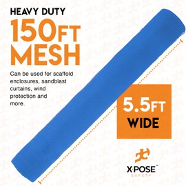 Construction Safety Debris Netting - 150 Ft Temporary Material Roll, 1/4" Mesh Scaffold Net Enclosure, Barricade, Visibility Barrier, Fencing Roll, Heavy Duty Fire Retardant 5.5 ft x 150 ft, Blue