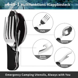 ZIMAIC Campingbesteck Klappbesteck, Edelstahl Camping Besteck 4 in 1 Feldbesteck Outdoor Flaschenöffner Messer Gabel löffel Set (Schwarz)
