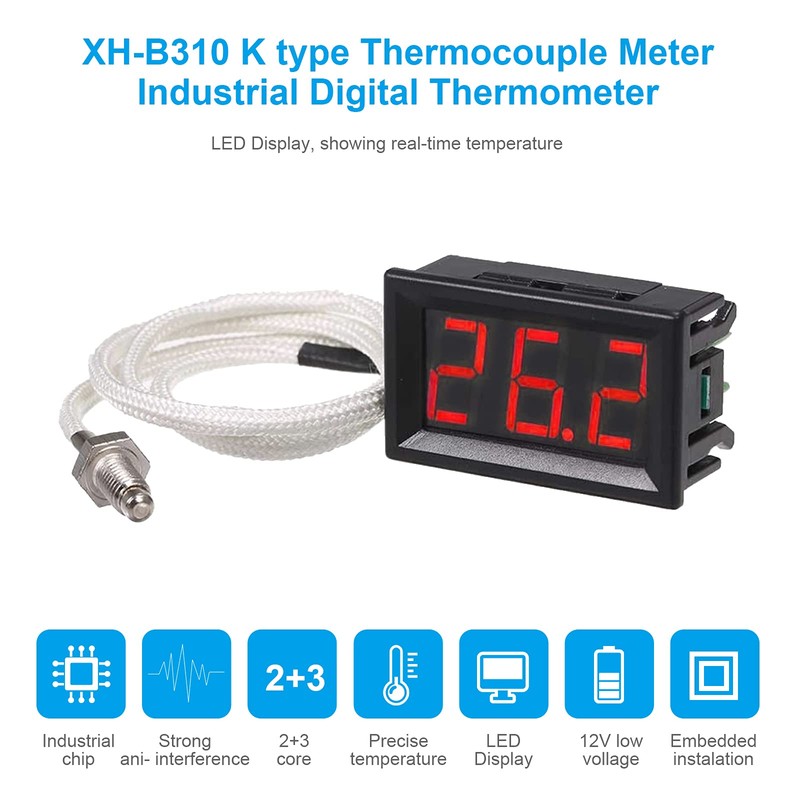 RUIZHI Industrial High Precision Thermometer, -30~800°C 12V Temperature Meter with