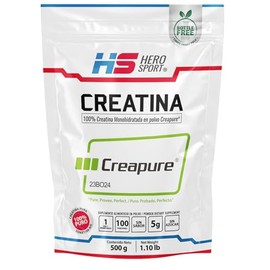 HEROSPORTS | Creatina Monohidratada Creapure® 500g. 100% Pura. Solo 1 Ingrediente Creatina Alemana Creapure®. Vegana, Sin Azúcar, 100 porciones, 5g por porción, Incluye Scoop. Pure. Proven. Perfect.