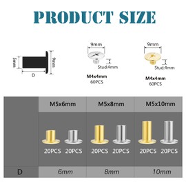 HSEAMALL 120 Sets of Book Screws, Leather Rivets, Chicago Screws, Binding Screw Rivets for Leather Belt Rivets Hollow Rivets 6, 8, 10 mm