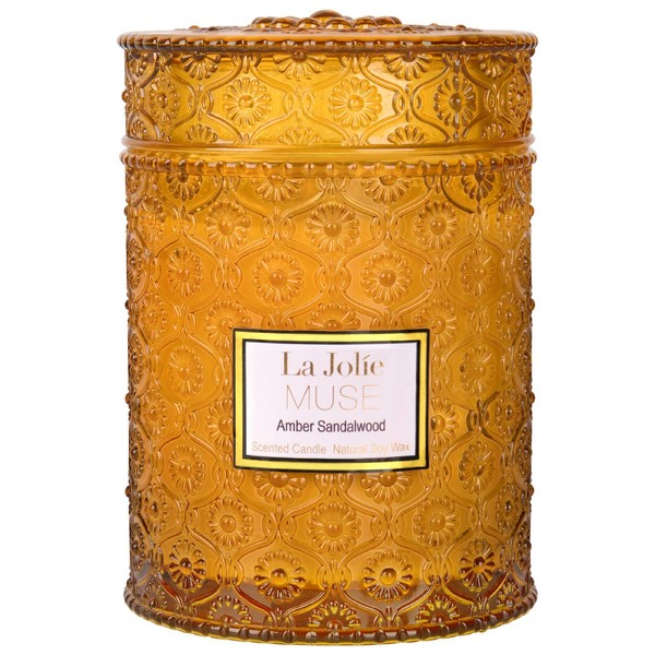 LA JOLIE MUSE Wood Wick 19.4 oz Sandalwood Scented Candles Soy Wax Candle Large Glass Jar, Gift Candle for Her