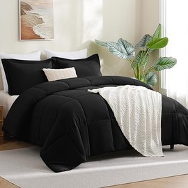 CozyLux Queen Comforter Set Black - 3 Pieces Box Stitched Comforters Queen Size, Soft Bed Set for All Seasons, Lightweight Bedding Sets with 1 Down Alternative Comforter and 2 Pillow Shams