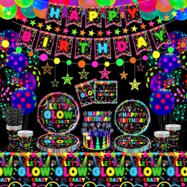 163 Pack Luminous Neon Party Accessories Luminous Party Tableware Set Neon Birthday Party Decorations Including Plates Banner Balloons Napkins Tablecloths Neon Theme Party Accessories Serves 40