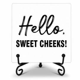 Funny Desk Decor, Hello Sweet Cheeks Wooden Sign with Stand, Cute Desk Cubicle Accessories, Desk Decor for Women, Funny Signs for Office Bedroom Desk Decoration Shelf-A38