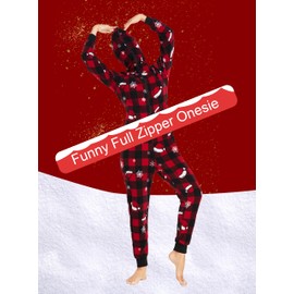 COLORFULLEAF Couples Matching Christmas Pajamas for Family Hoodie Onesie Fleece Pajama Sets Red Plaid Pattern (Womens, L)