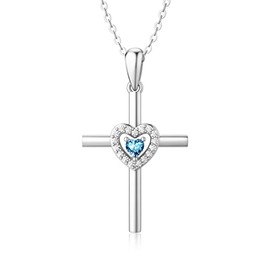 Yafeeso Sterling Silver Cross Necklace for Women Heart Birthstone Necklaces Religious Jewelry Birthday Gifts for Mom March Birthstone Necklace