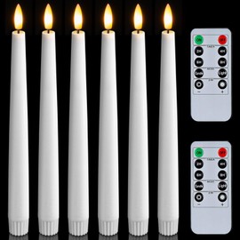 Homemory 6 Pcs Waxy Flameless Taper Candles with Remote, Led Flameless Candlesticks Classic Tall Taper Candles, Flickering Battery Operated Taper Candles for Bedroom, Dining Room, White, 9.6 inches