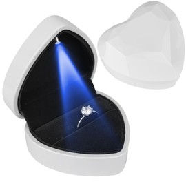 Heart Ring Box with LED Light, Luxury LED Lighted Engagement Ring Box, Velvet Earrings Jewelry Case with Light, Jewelry Display Box for Wedding, Engagement, Proposal, Birthday and Anniversary-White