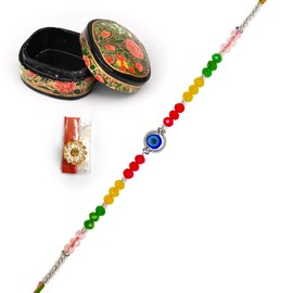 Rakhi for Brother Bhai Bhaiya Bhatija Raksha Bandhan Gift Rakhi Thread Single Rakhi with Roli Chawal Sachet and Paper Mache Box in Gift Pack (Multicolor)