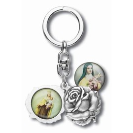 Religious Gifts Silver Tone Saint Therese with Our Lady Mt Carmel Sliding Rosebud Medal Key Chain, 1 3/4 Inch