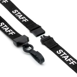 CKB LTD Staff LANYARDS Breakaway Safety Lanyard Pre-Printed Text Neck Strap Swivel Plastic Clip for ID Card Holder - Pull Quick Release Design (Pack of 10, Black)