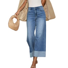 Jyutia Women's High Waisted Baggy Straight Leg Jeans Stretch Distressed Frayed Hem Boyfriend Cuffed Jeans Trendy 2025 Mid Blue