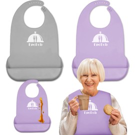 EpoBob 2 Pack Silicone Adult Bibs with Crumb Catcher, Washable and Adjustable Adult Bibs for Elderly Women Men Seniors, Purple, Grey