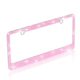 BDK Stainless Steel Pink Sparkly Sparkling Diamond Crystal Bling Premium License Plate Frame Metal Silver Rhinestone for Women Universal Size for Car Truck SUV