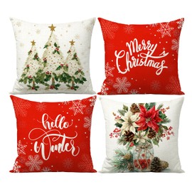 FUYUCHEN Merry Christmas Pillow Covers 18x18 Inch Hello Winter Tree Mason Jar Poinsettia Pine Cones Berries Throw Pillow Cases for Holiday Farmhouse Decorations Sofa Couch Set of 4