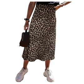 GORGLITTER Women's Leopard A Line Flared Flowy Maxi Skirt High Waist Elegant Retro Swing Skirts Brown Small