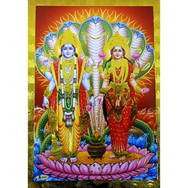 Crafts of India Lord Vishnu Lakshmi Standing on Lotus poster/Reprint Hindu God Picture with Golden Foil (Unframed : Size 5"X7" inches)
