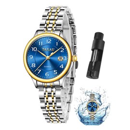 Taxau Watches for Women Arabic Numerals Small Dial Easy Read Women's Watches Simple Style Date Stainless Steel Waterproof Watches for Women Reloj para Mujer, Gold Silver Band Blue Face 8863g, Classic