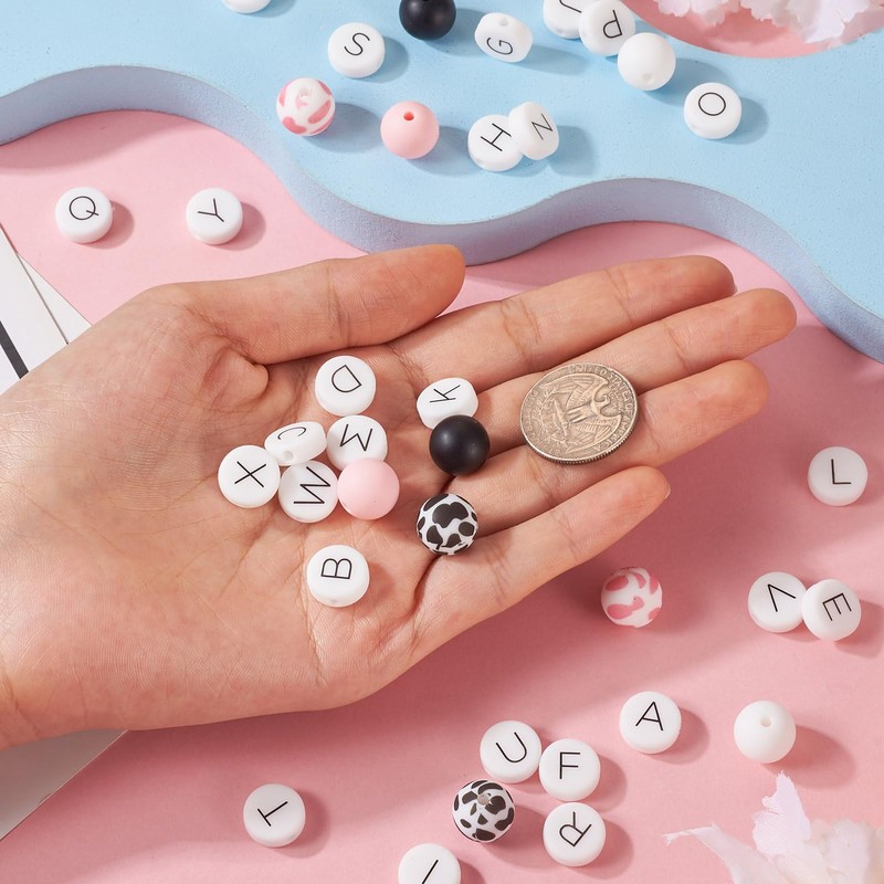 FASHEWELRY 36Pcs Silicone Letters Beads Round Alphabet A-Z Silicone Beads