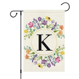 Wodison Monogram Letter K Garden Flag 12x18 Inch Double Sided Burlap Floral Family Last Name Small Yard Outdoor Decoration