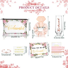 Set de Regalo para Propuesta de Dama de Honor de 9 Piezas Copas de Champán sin Tallo Scrunchies Bandas para el Cabello Diadema Bolsa de Maquillaje Pulseras Anudadas para Novia (Clásico)