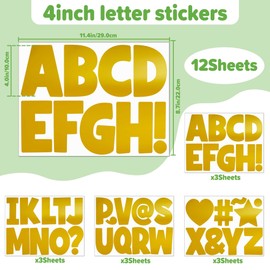108 PCS Gold Letter Stickers Large 4 Inch Bulletin Board Letters 12 Sheets Vinyl Self Adhesive Alphabet Stickers for Bulletin Board Education Poster Board Classroom Craft Home Door Wall Decor (Gold)