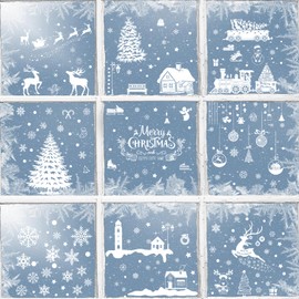 9pcs Christmas Window Clings, Reusable Christmas Static Window Stickers Cute Xmas Tree Snowmen Snowflake Elk Pattern Christmas Window Decals for Home Parties Decorations(Style A)