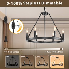 SADALAK DIMMABLE Wagon Wheel Plug in Chandelier 6-Light, 20.5" Black Round Farmhouse Pendant Light Fixture with Cord, Height Adjustable Industrial Hanging Light, Outdoor Ceiling Light for Dining Room
