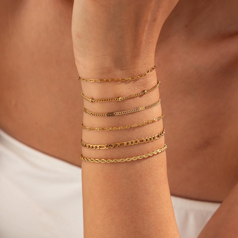 KunJoe Dainty Gold Chain Bracelets for Women Stack, Gold Jewelry
