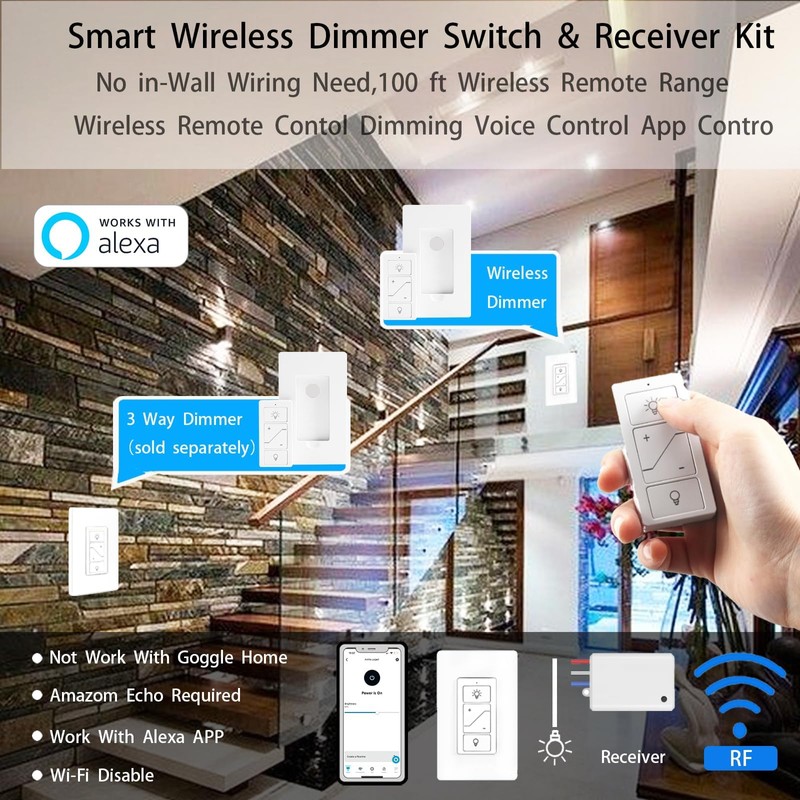 Humpptom Wireless Light Switch and Receiver, Dimmer Switch Work with