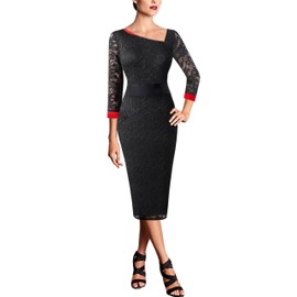 VFSHOW Womens Black Lace Vintage Asymmetrical Neck Slim 3/4 Sleeve Work Office Business Party Sheath Dress 9688 BLK XS